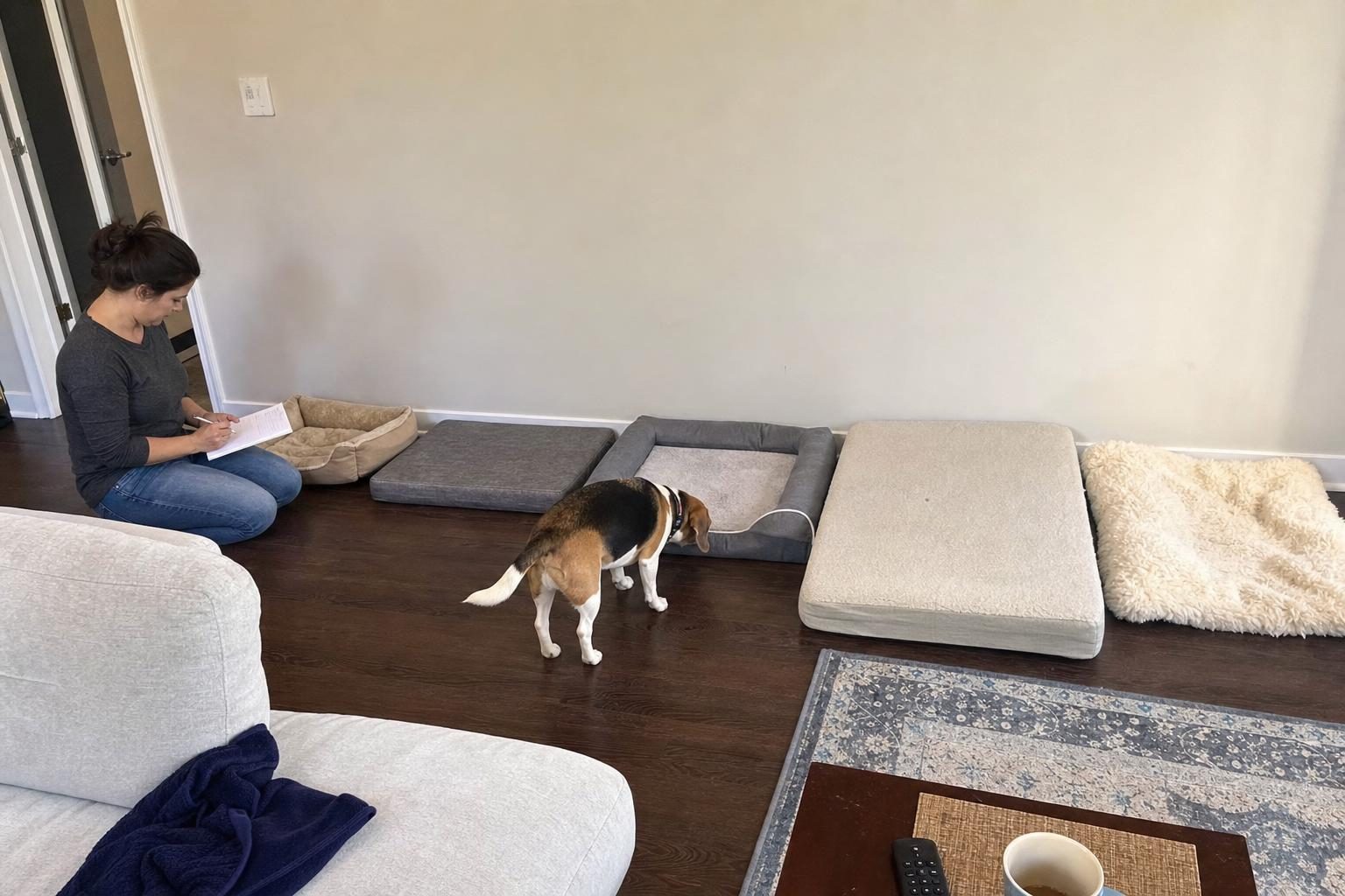 Five dog beds lined up on day one of testing